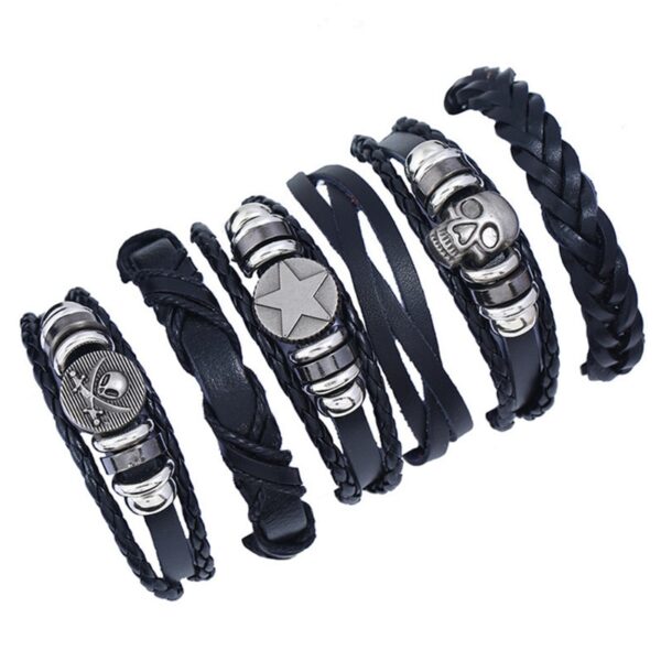 Pulseiras masculina vintage de couro multicamadas, caveira gótica, metal estrela - Image 23