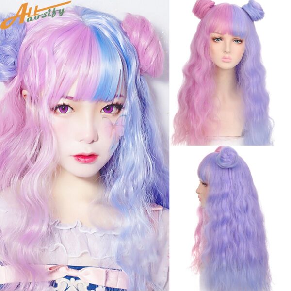 Perucas de cabelo sintético, LGBTQ, Allaosify, cosplay lolita feminino acessórios de cabelo longo encaracolado onda rosa azul anime cosplay. - Image 3