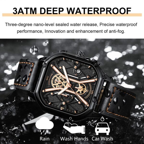 Relógios de pulso masculino, POEDAGAR,  Moda Masculina, Cronógrafo De Luxo Luminous Impermeável Data Homem Relógio Quadrado Dial Couro Quartz Relógios. - Image 8