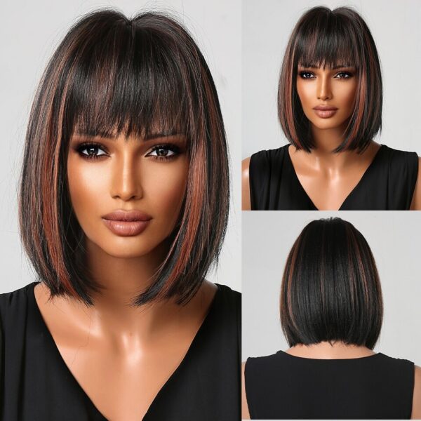 Perucas sintética curta com franja, Wine vermelho, borgonha natural bob peruca reta para preto feminino festa cosplay traje resistente ao calor - Image 5