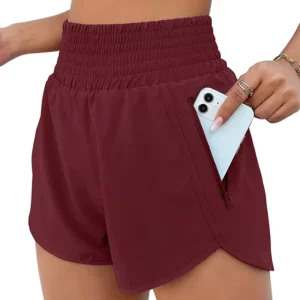 Shorts feminino de cintura alta, bolsos com zíper, treino atlético, shorts de ginástica com forro