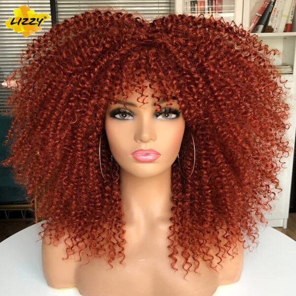 Perucas curta afro, encaracolada com Franja, africano sintético, sem cola, fofo, preto, ombre, marrom - Image 6