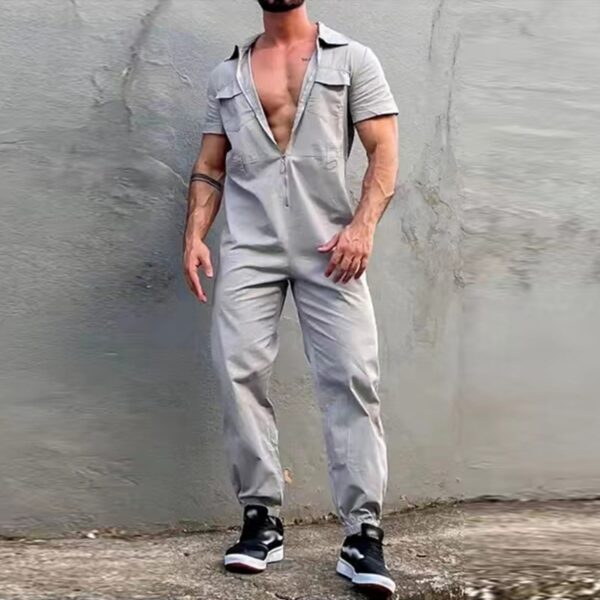 Macacão de manga curta com zíper lapela masculino, monocromático, casual de streetwear, calça longa, moda 2023 - Image 9