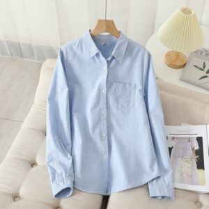 Camisas feminina casual de algodão Oxford, blusa e tops, camisas listradas brancas e azuis, roupa de boa qualidade, nova, outono