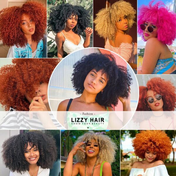 Perucas curta afro, encaracolada com Franja, africano sintético, sem cola, fofo, preto, ombre, marrom - Image 7