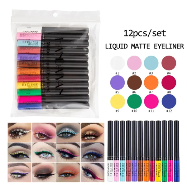 Sombras líquida Impermeável, Eyeliner Pen Set ( caneta ), de longa duração, fosco colorido Eye Liner, Quick Dry cosméticos, branco, forro verde, 12 cores - Image 6