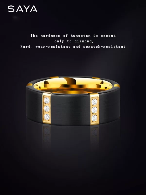 Anéis de carboneto de tungstênio preto para homens, com chapeamento de ouro dentro cor preta três peças de zircônia cúbica, gravura - Image 3