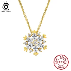 Colar longo corrente pingenteOrsa jóias sorte floco de neve, colar com zircão claro 925 jóias de prata para meninas adolescentes hon04
