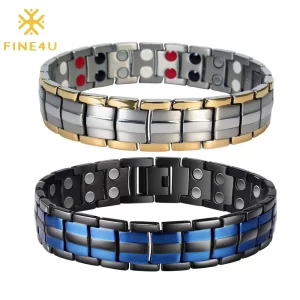 Pulseiras masculina, FINE4U-Double Row Punk Health, Magnética, Jóias, Pulseiras De Mão De Titânio, Preto Banhado, B387