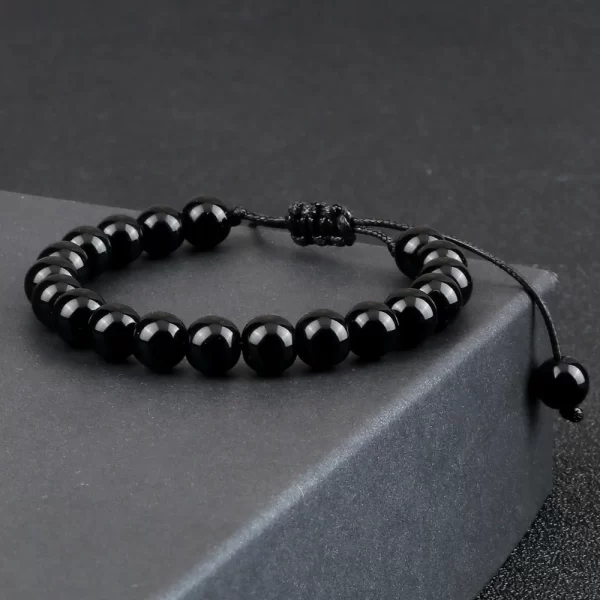 Pulseiras Natural Pedra Brilhante Preto Onyx Beads, frisada, Obsidian Jóias De Pulso, Handmade, Tamanho Ajustável, 4mm, 6mm, 8mm - Image 3