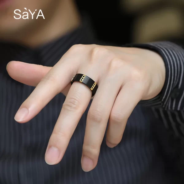 Anéis de carboneto de tungstênio preto para homens, com chapeamento de ouro dentro cor preta três peças de zircônia cúbica, gravura - Image 4
