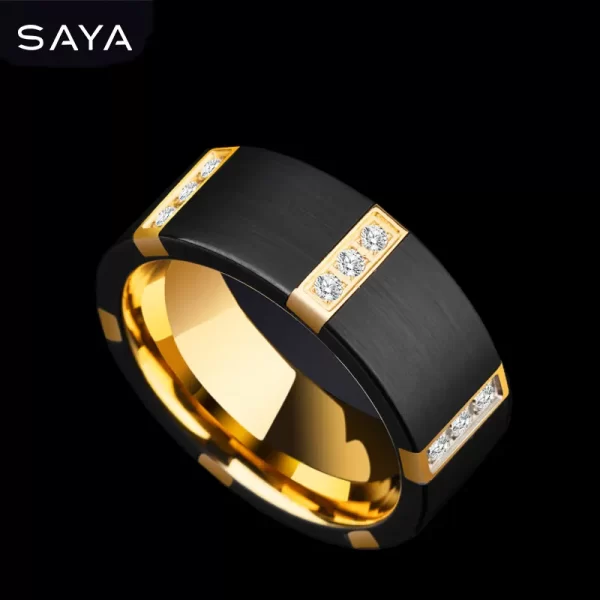 Anéis de carboneto de tungstênio preto para homens, com chapeamento de ouro dentro cor preta três peças de zircônia cúbica, gravura