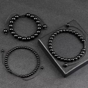 Pulseiras Natural Pedra Brilhante Preto Onyx Beads, frisada, Obsidian Jóias De Pulso, Handmade, Tamanho Ajustável, 4mm, 6mm, 8mm