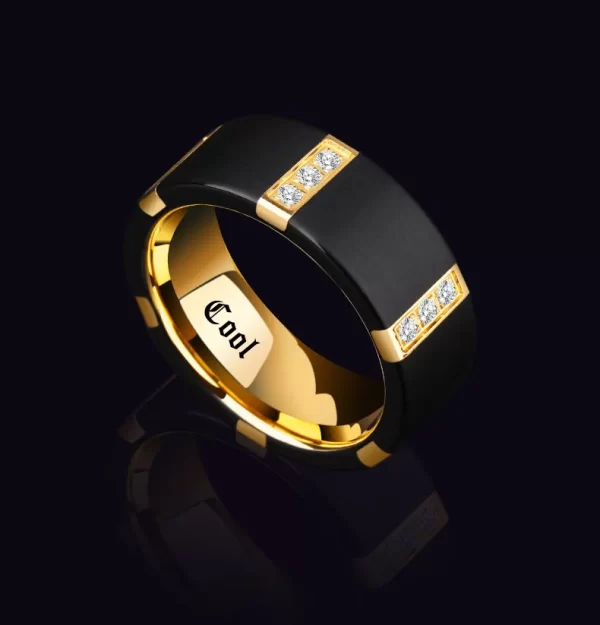 Anéis de carboneto de tungstênio preto para homens, com chapeamento de ouro dentro cor preta três peças de zircônia cúbica, gravura - Image 7