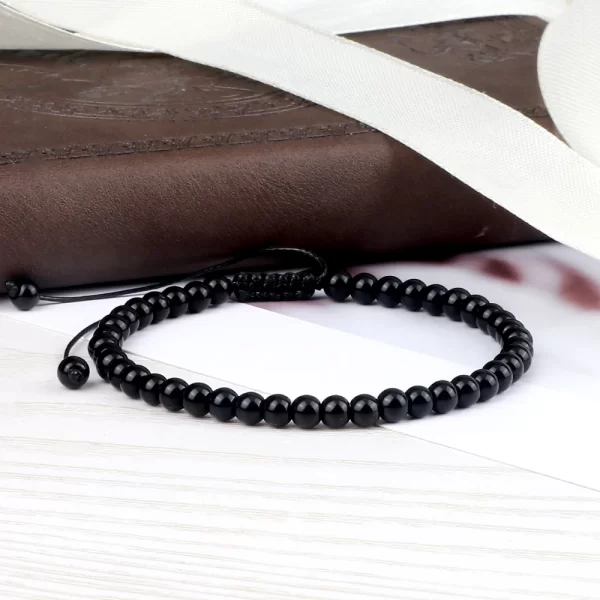 Pulseiras Natural Pedra Brilhante Preto Onyx Beads, frisada, Obsidian Jóias De Pulso, Handmade, Tamanho Ajustável, 4mm, 6mm, 8mm - Image 4