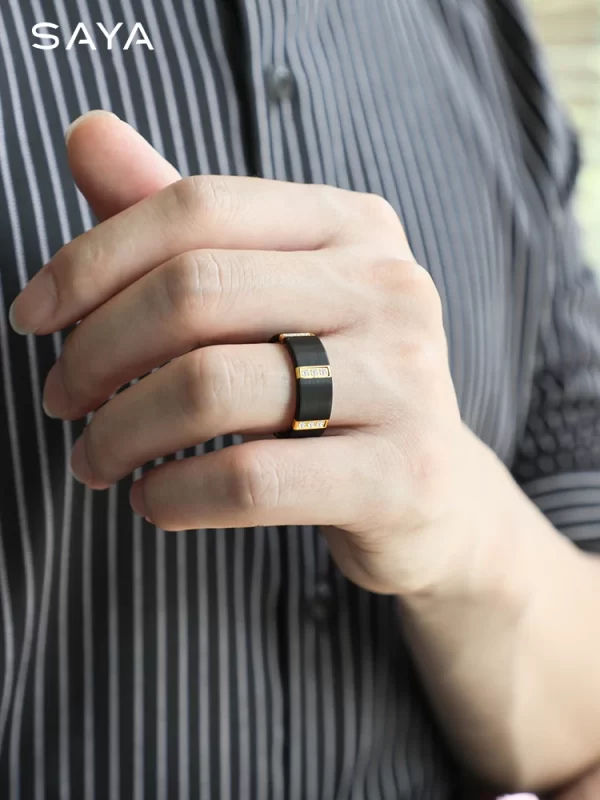 Anéis de carboneto de tungstênio preto para homens, com chapeamento de ouro dentro cor preta três peças de zircônia cúbica, gravura - Image 6