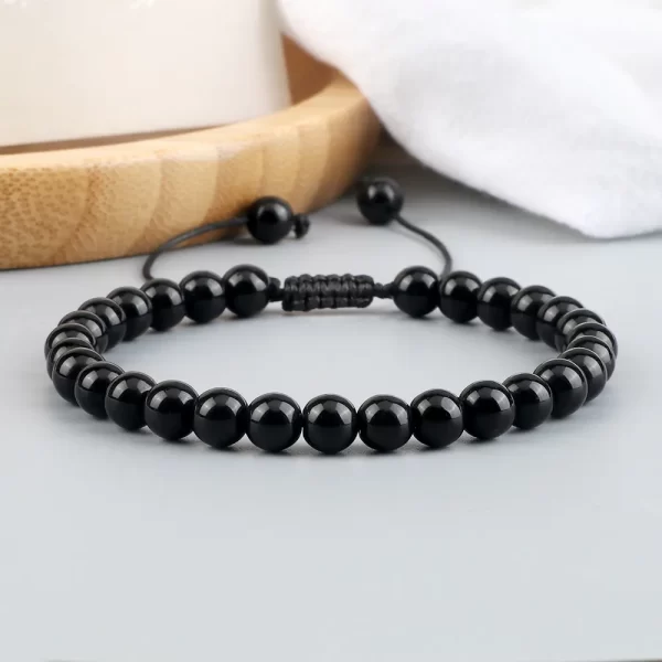 Pulseiras Natural Pedra Brilhante Preto Onyx Beads, frisada, Obsidian Jóias De Pulso, Handmade, Tamanho Ajustável, 4mm, 6mm, 8mm - Image 2