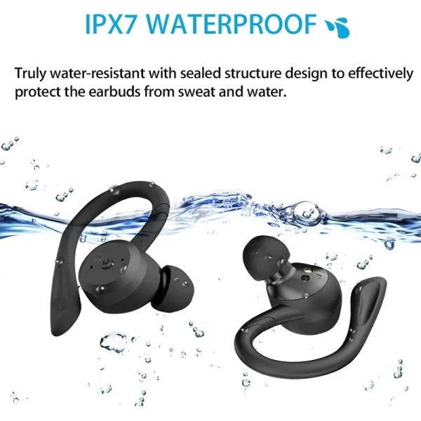 Fone de ouvido Bluetooth sem fio impermeável, Dual Wear Estilo Esporte Headset, Stereo Earbuds, 20 Horas de Jogo, TWS Ipx7 - Image 2