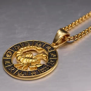 Colar Signo do zodíaco Leo Escorpião, Pingente para As Mulheres/Homens Cor do Ouro Aço Inoxidável Rodada 12 Constelação Colares