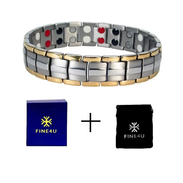 Pulseiras masculina, FINE4U-Double Row Punk Health, Magnética, Jóias, Pulseiras De Mão De Titânio, Preto Banhado, B387 - Image 9
