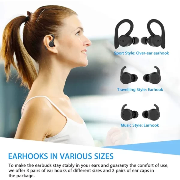 Fone de ouvido Bluetooth sem fio impermeável, Dual Wear Estilo Esporte Headset, Stereo Earbuds, 20 Horas de Jogo, TWS Ipx7 - Image 5