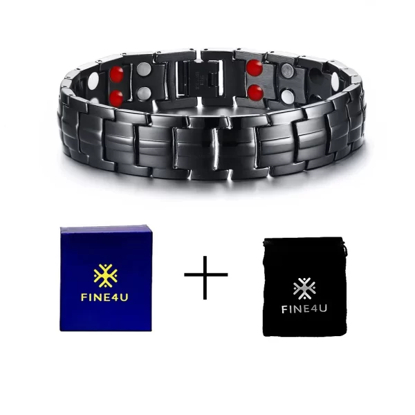 Pulseiras masculina, FINE4U-Double Row Punk Health, Magnética, Jóias, Pulseiras De Mão De Titânio, Preto Banhado, B387 - Image 17