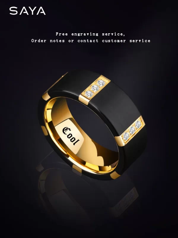 Anéis de carboneto de tungstênio preto para homens, com chapeamento de ouro dentro cor preta três peças de zircônia cúbica, gravura - Image 2