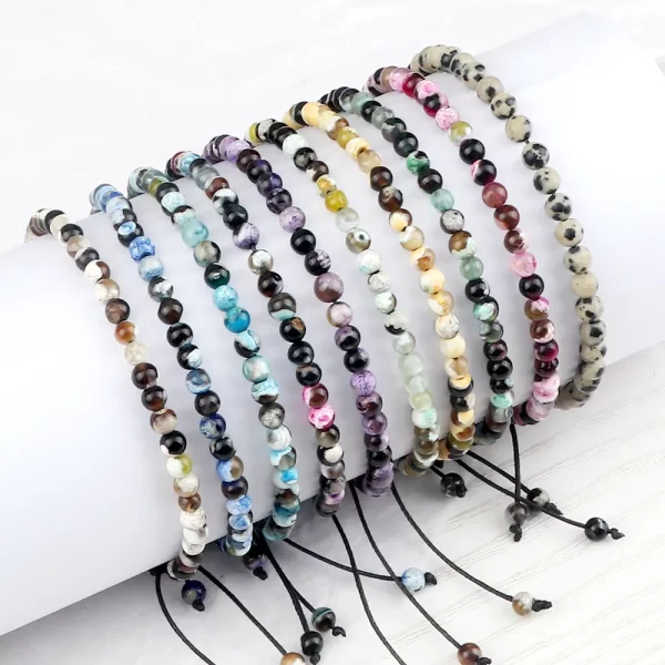 Pulseiras unissex mini pedra natural, ajustável 4mm contas de chakra pulseira mini pedra natural agats lava olho de tigre frisado. - Image 2