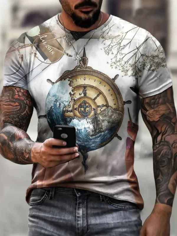 Camisetas masculina manga curta nova harajuku o-neck compass impressão masculina camisa de verão oversized na moda superior poliéster material - Image 9