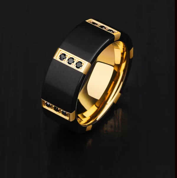 Anéis de carboneto de tungstênio preto para homens, com chapeamento de ouro dentro cor preta três peças de zircônia cúbica, gravura - Image 8
