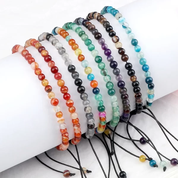 Pulseiras unissex mini pedra natural, ajustável 4mm contas de chakra pulseira mini pedra natural agats lava olho de tigre frisado. - Image 3