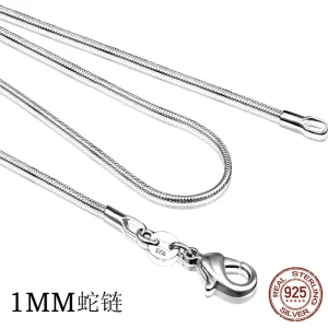 Colar feminino de prata esterlina 925, prata moda jóias Cobra Cadeia 1mm Colar 16 18 20 22 24"