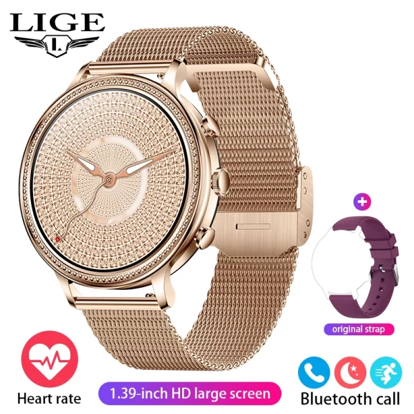 Relógios de pulso feminino, LIGE-Relógios inteligentes de luxo, chamada bluetooth, telefone conectado, monitor de saúde, smartwatch esportivo, presente. - Image 11