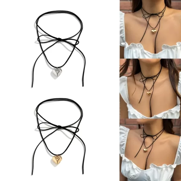 Colar feminino laço gargantilha coração pingente colar jóias clavícula corrente - Image 2