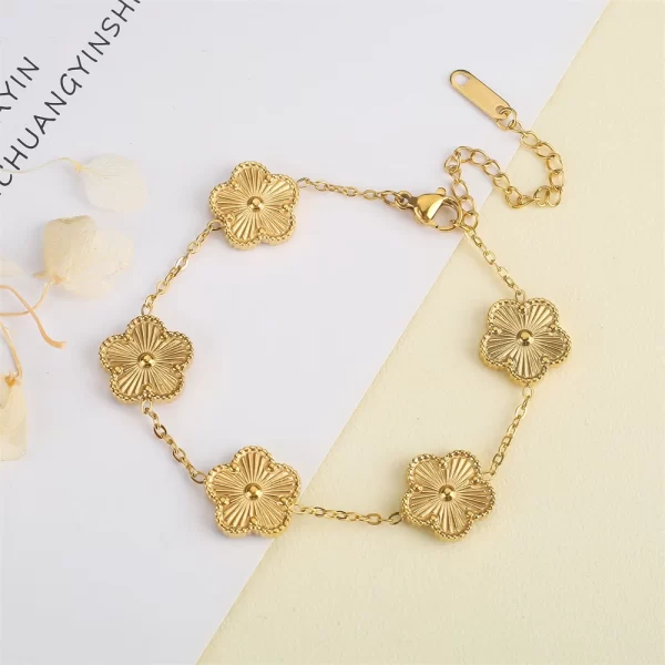Pulseiras feminina de aço inoxidável impermeável, flor de cinco folhas, trevo botânico, laser de flor de ameixa alta qualidade, novo design. - Image 9