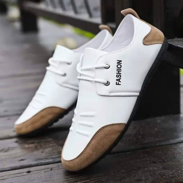 Sapatos masculinos de couro antiderrapante para dirigir, tênis de ervilha respirável, tênis casual britânico, cor sólida, novo, primavera e outono - Image 9