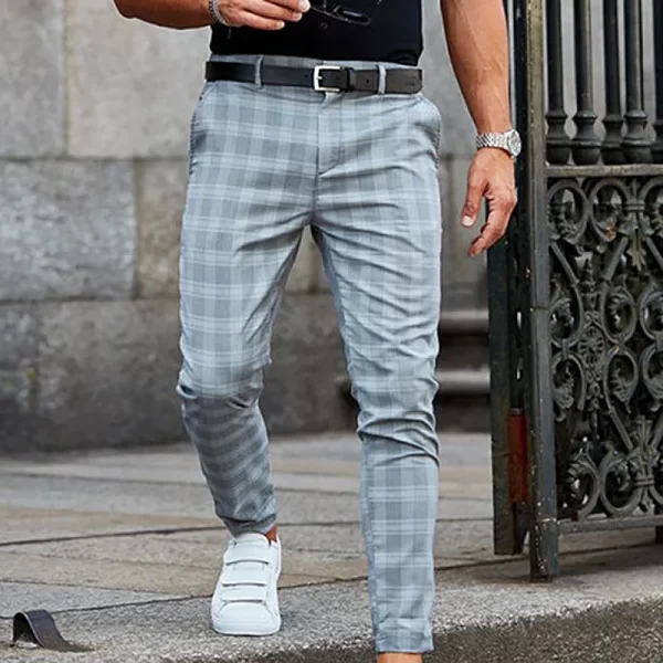 Calça casual listra xadrez masculina, fina, cinza escuro, calça reta, algodão, alta qualidade, 4 estações, marca - Image 3