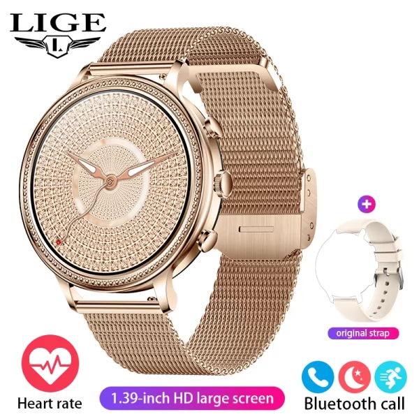 Relógios de pulso feminino, LIGE-Relógios inteligentes de luxo, chamada bluetooth, telefone conectado, monitor de saúde, smartwatch esportivo, presente. - Image 12
