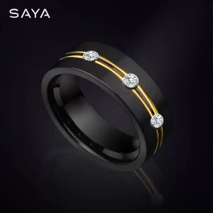 Anéis masculino, 8mm preto, tungstênio com zircônia cúbica casamento moda jóias personalizadas, gravura personalizada.