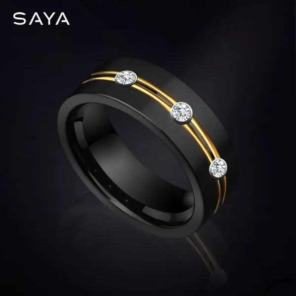 Anéis masculino, 8mm preto, tungstênio com zircônia cúbica casamento moda jóias personalizadas, gravura personalizada.
