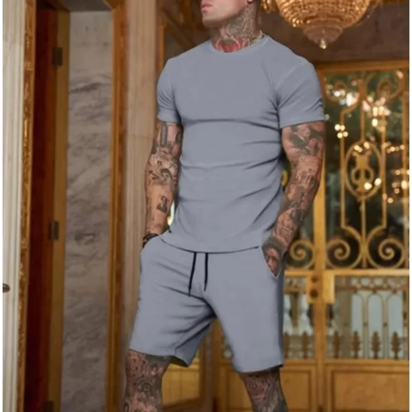 Camisetas e calções ( conjunto ) de manga curta masculina, cor sólida, secagem rápida, exercício, ao ar livre, treino, ternos casuais, verão, 2 peças - Image 5