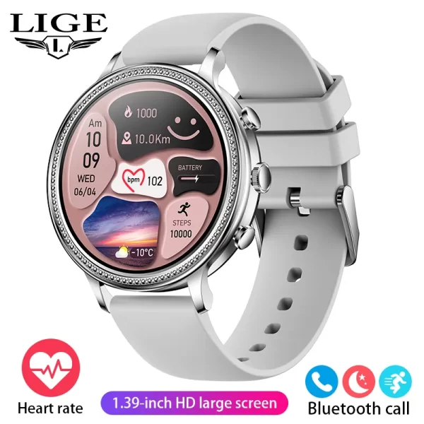 Relógios de pulso feminino, LIGE-Relógios inteligentes de luxo, chamada bluetooth, telefone conectado, monitor de saúde, smartwatch esportivo, presente. - Image 9
