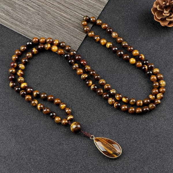 Colar Unissex Handmade Knotted Tiger Eye Colar de pedra, 108 Mala Beads Colares, Pingente Drop, Design Vintage, Ioga Jóias, 6mm - Image 3