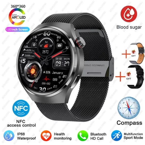 Relógios masculino, smartwatch impermeável, Huawei, Xiaomi, NFC, Amoled, 360x360 HD Screen, Açúcar no sangue, Chamada BT, 4 Pro, IP68. - Image 11
