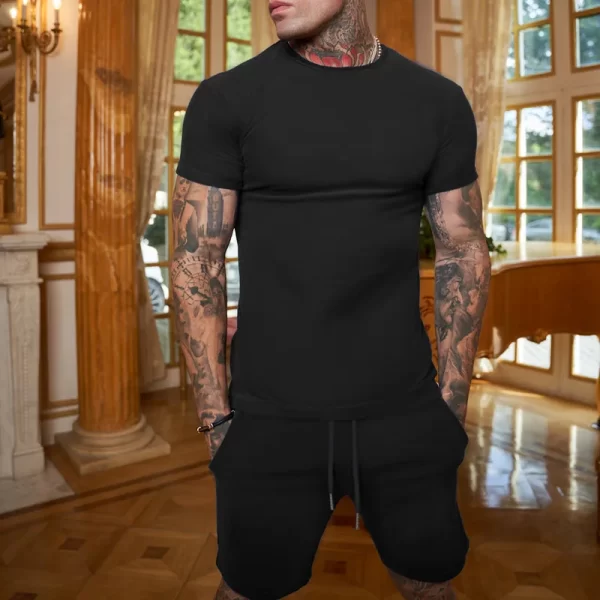 Camisetas e calções ( conjunto ) de manga curta masculina, cor sólida, secagem rápida, exercício, ao ar livre, treino, ternos casuais, verão, 2 peças - Image 7