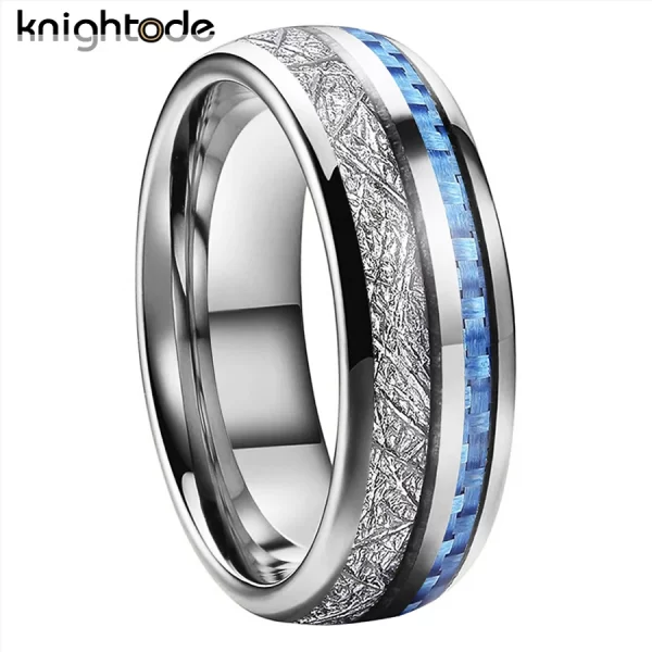 Anéis unissex de carboneto de tungstênio, meteorito branco e fibra de carbono azul embutimento, casamento banda cúpula, polido conforto fit, moda, 8mm - Image 3
