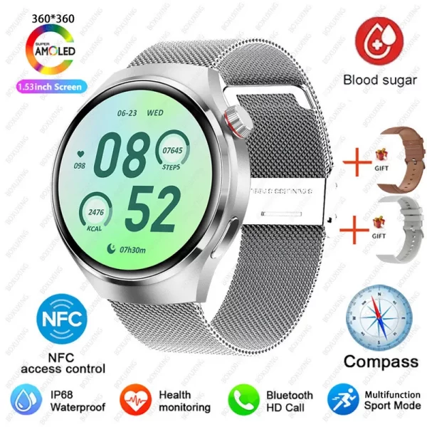 Relógios masculino, smartwatch impermeável, Huawei, Xiaomi, NFC, Amoled, 360x360 HD Screen, Açúcar no sangue, Chamada BT, 4 Pro, IP68. - Image 12