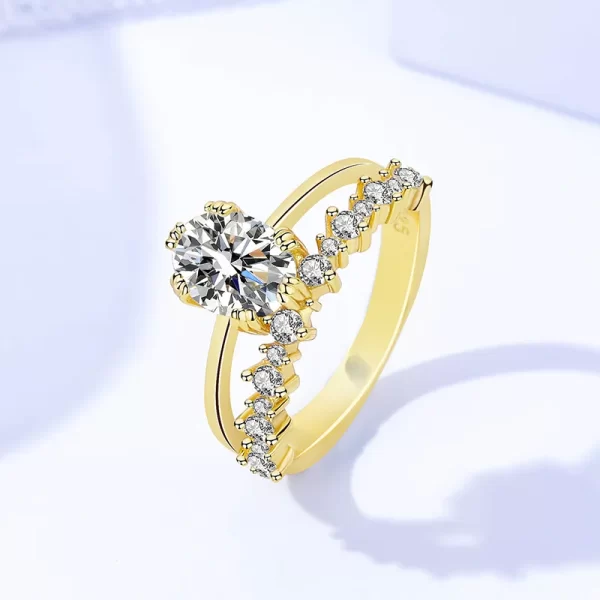 Anéis feminino 925 Sterling Silver Moissanite, Corte Oval, 1,5 quilates, Cor Dourada, Jóias - Image 2