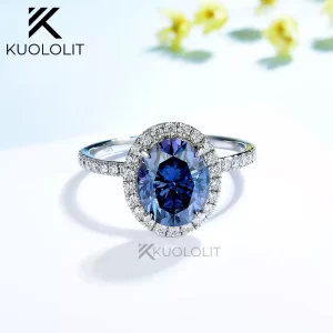 Anéis feminino Kuololit 3ct azul moissanite, sólido, 14k 10k amarelo ouro original azul cor oval anel para noivado.