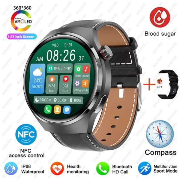 Relógios masculino, smartwatch impermeável, Huawei, Xiaomi, NFC, Amoled, 360x360 HD Screen, Açúcar no sangue, Chamada BT, 4 Pro, IP68. - Image 9